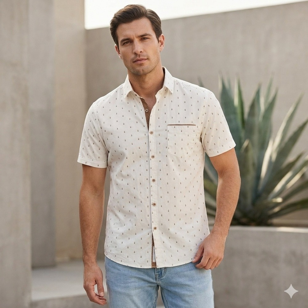 Craft Flow Mens White Geometric Button Up Shirt Short Sleeve Casual S